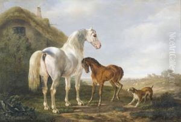 Schimmel Mit Fohlen Und Hund Vor Einem Gehoft. Oil Painting by Charles Humbert