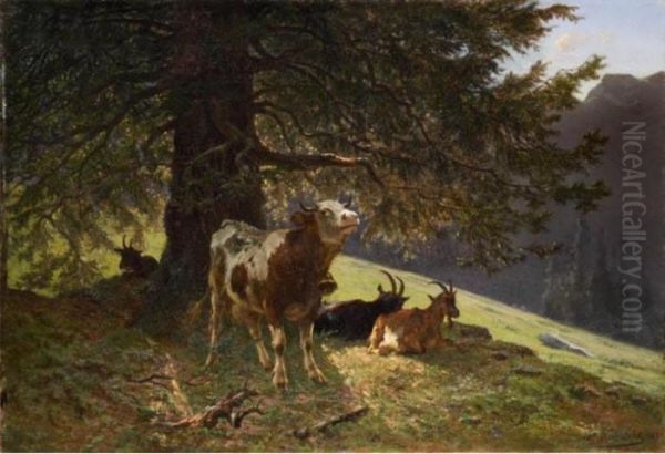 Paysage Avec Une Vache Et Chevres, 1863 
Landscape With A Cow And Goats, 1863 Oil Painting by Charles Humbert