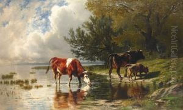 Kuhe Im Seichten Wasser Eines Seeufers. Oil Painting by Charles Humbert