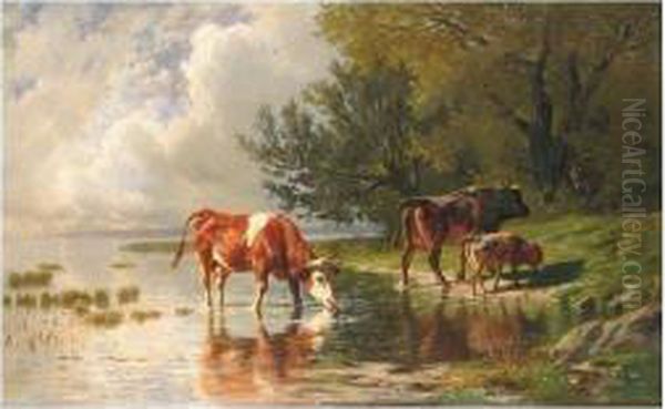 Vaches A L'abreuvoir Oil Painting by Charles Humbert