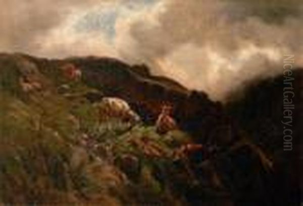 Ziegen In Gebirgslandschaft Oil Painting by Charles Humbert