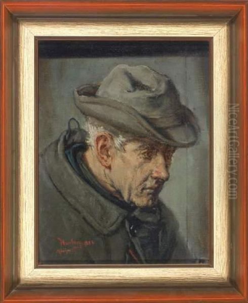 Portrait Eines Herrn Mit Hut In Dreiviertelansicht, Nach Rechts Unten Blickend Oil Painting by Adolf Humborg