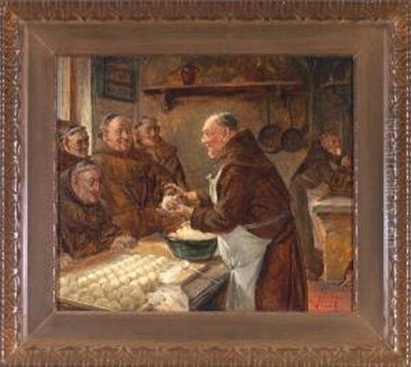 In Der Klosterkuche - Ein Monch 
Erklart Vier Brudern Das Knodel Formen, Wahrend Ein Weiterer Im 
Hintergrund Heimlich Nascht Oil Painting by Adolf Humborg