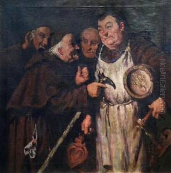 Monks In The Wine Cellar Oil Painting by Adolf Humborg