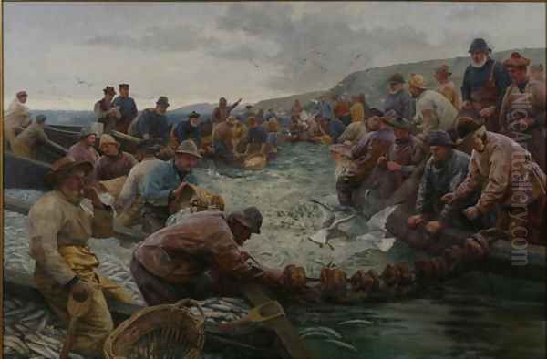 Tucking a School of Pilchards, 1897 Oil Painting by Percy Robert Craft