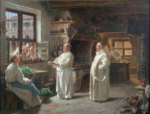 A Monastery Kitchen With Monk 
Inviting Three Others, At The Window, To Inspect Their Meal, Signed Oil Painting by Adolf Humborg