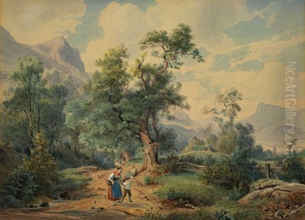 Bewaldete Landschaft Mitstaffagefiguren Oil Painting by Carl Hummel