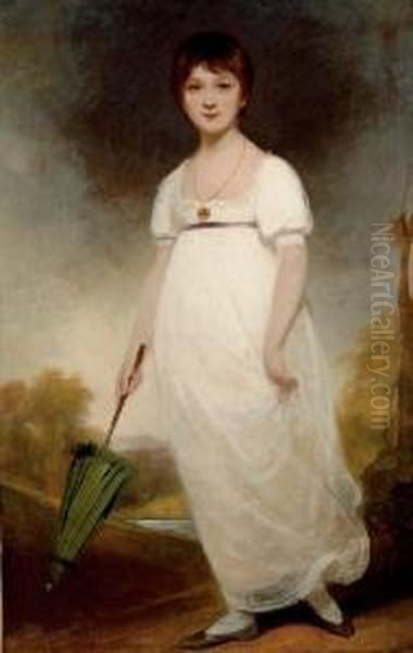 The Rice Portrait Of Jane Austen
 (1775-1817), Full-length, In A White Dress, Holding A Green Parasol In A
 Landscape Oil Painting by Ozias Humphrey