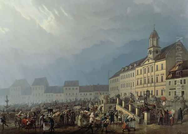 Market Place at Teplice in a Rain Storm, 1843 Oil Painting by Carl Robert Croll