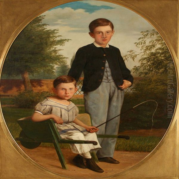 Two Boys In A Garden, One Is Sitting In A Wheelbarrow Oil Painting by Andreas Herman Hunaeus