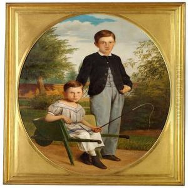 Two Boys In A Garden Oil Painting by Andreas Herman Hunaeus