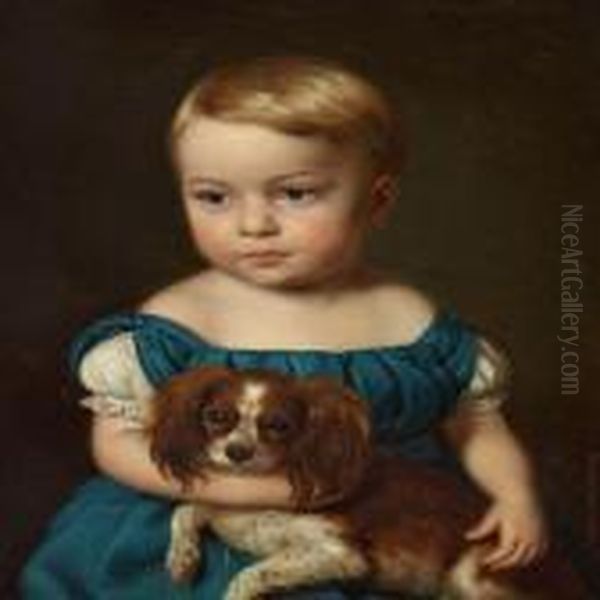 A Little Girl With Her Dog Oil Painting by Andreas Herman Hunaeus