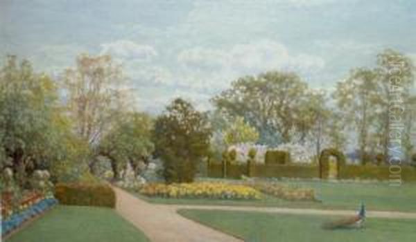 Expansive Garden With A Peacock Oil Painting by Thomas Hunt