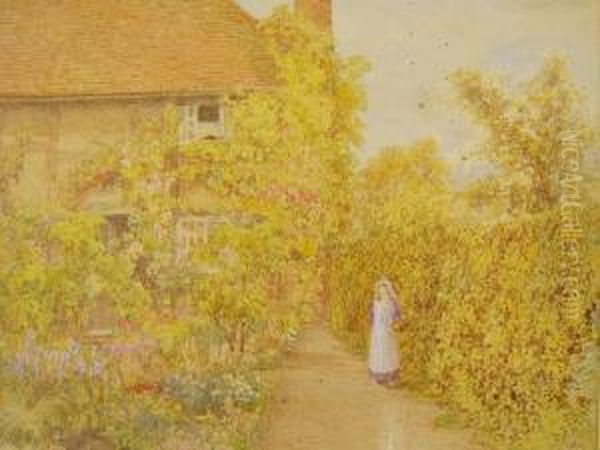 Girlwalking Along Garden Path Beside A Cottage Oil Painting by Thomas Hunt