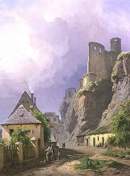 View of the Castle of Strekov with Cottages and Figures, 1845 Oil Painting by Carl Robert Croll