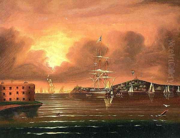 Threating Sky at the Bay of New York, 1800s Oil Painting by Thomas Chambers