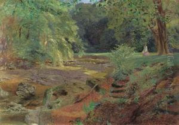 A Lady By A Rocky Stream In Dappled Sunlight Oil Painting by Alfred William Hunt