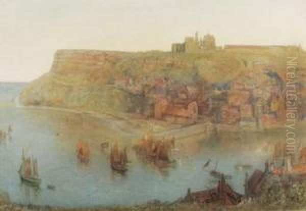 Whitby Abbey, With Boats Sailing Out Of The Harbour Oil Painting by Alfred William Hunt