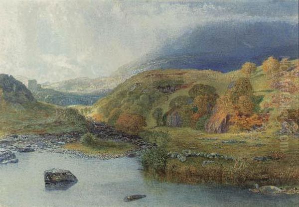 A Mountain Stream With A Heron In The Foreground Oil Painting by Alfred William Hunt