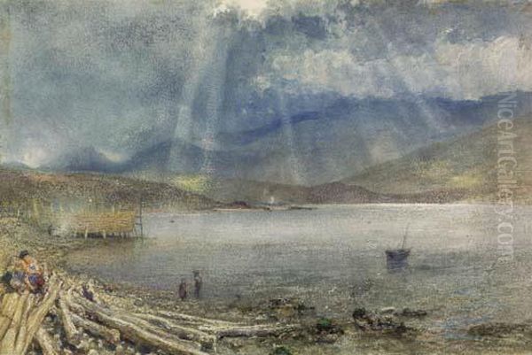 Sunlight Breaking Through The Clouds Over A Scottish Loch Oil Painting by Alfred William Hunt