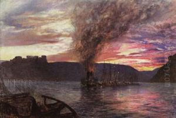 View Of The Rhine With A Steam Tug And Barges Oil Painting by Alfred William Hunt