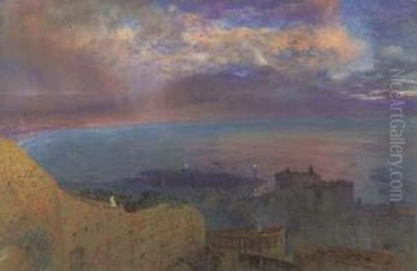 Naples: 'a Land Of Smouldering 
Fire' View Looking From Naplesacross The Bay To Vesuvius In Eruption, 
Evening Sky Oil Painting by Alfred William Hunt