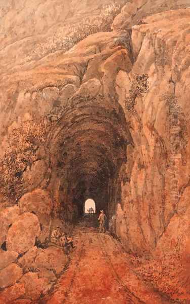 A figure at the entrance to a mountain tunnel Oil Painting by James-Pattison (Major-Gen.) Cockburn