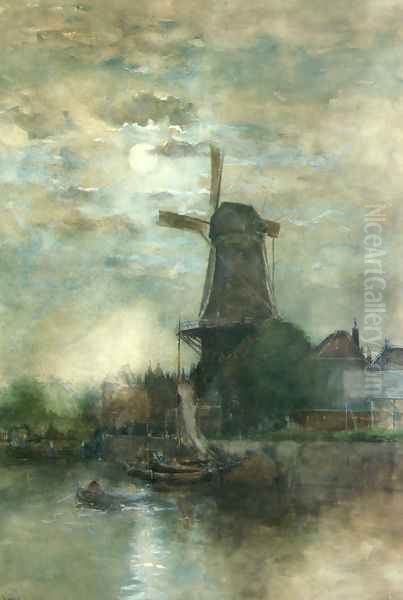 A Moonlit Windmill Oil Painting by Fredericus Jacobus Van Rossum Chattel