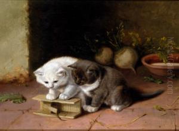 Play Time, Kittens With A Trapped Mouse Oil Painting by Charles Hunt