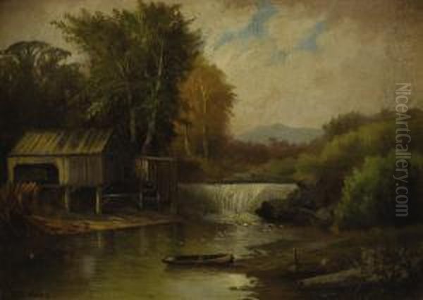 Cabin Onthe River Dam Oil Painting by Charles Day Hunt