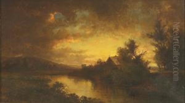 River Landscape At Sunset. Oil Painting by Charles Day Hunt