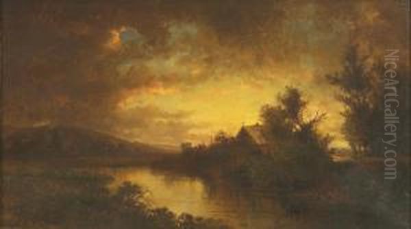 River Landscape At Sunset Oil Painting by Charles Day Hunt