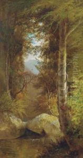 A River Running Through A Forest Oil Painting by Charles Day Hunt