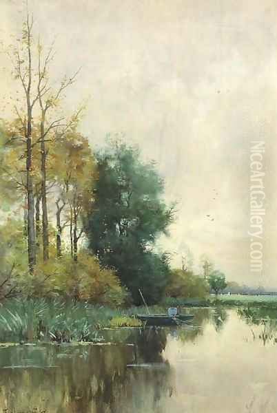 A fisherman in a punter in a polder landscape Oil Painting by Fredericus Jacobus Van Rossum Chattel