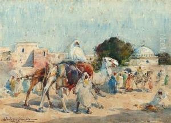 Arabs And A Camel On The Edge Of A Town Oil Painting by Edward Aubrey Hunt