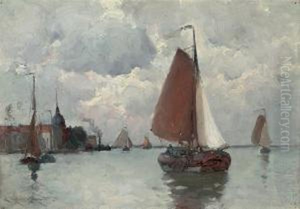 Dutch Barges In A Calm Oil Painting by Edward Aubrey Hunt