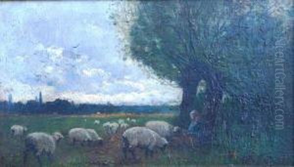 Shepherdess Seated Beneath Tree With Sheep In Foreground Oil Painting by Edward Aubrey Hunt