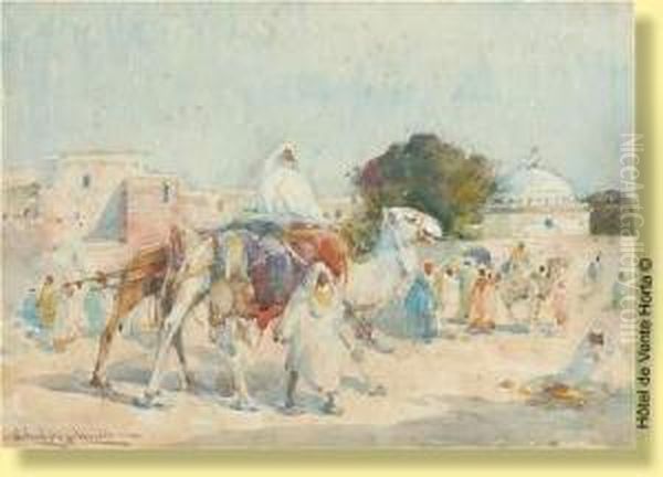 L'arrivee De La Caravane (orientaliste) Oil Painting by Edward Aubrey Hunt