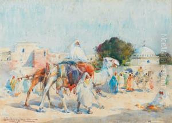 Arabes Et Chameaux E L'exterieur D'un Village Walled Oil Painting by Edward Aubrey Hunt