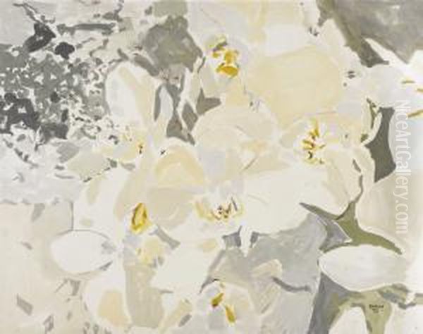 Untitled (large White Flowers On Gray-green Background), 1973 Oil Painting by Edward Aubrey Hunt