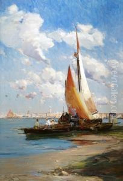 Fishing Craft With The Riva Degli Schiavoni, Venice Beyond Oil Painting by Edward Aubrey Hunt