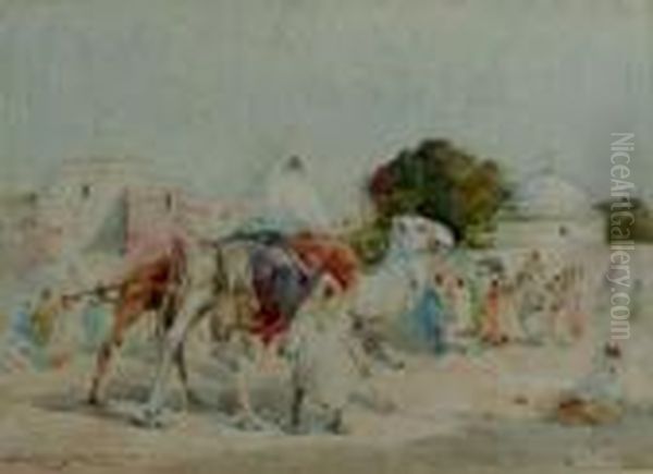 Arabs And Camels Outside A Walled Village Oil Painting by Edward Aubrey Hunt