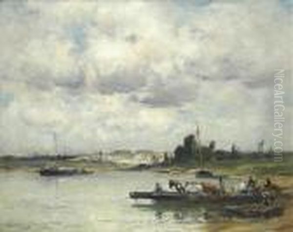 On The Marne,figures And Horses On A Ferryboat Oil Painting by Edward Aubrey Hunt