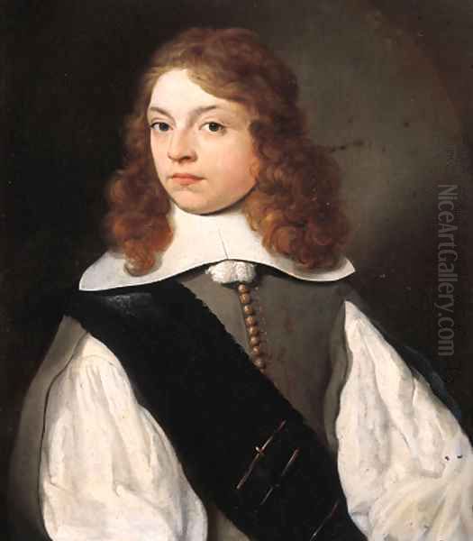 Portrait of Pieter van Heemskerck (1637-1716), half length, wearing grey costume with slashed sleeves, lace shirt and black sash, in a painted oval Oil Painting by Fredericus Jacobus Van Rossum Chattel