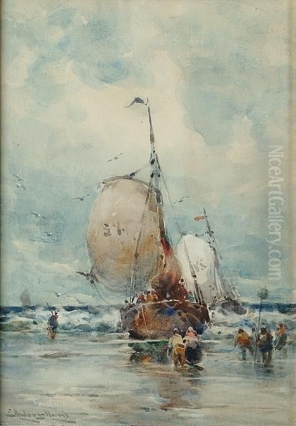 Fishing Boats On A Beach Oil Painting by Edward Aubrey Hunt