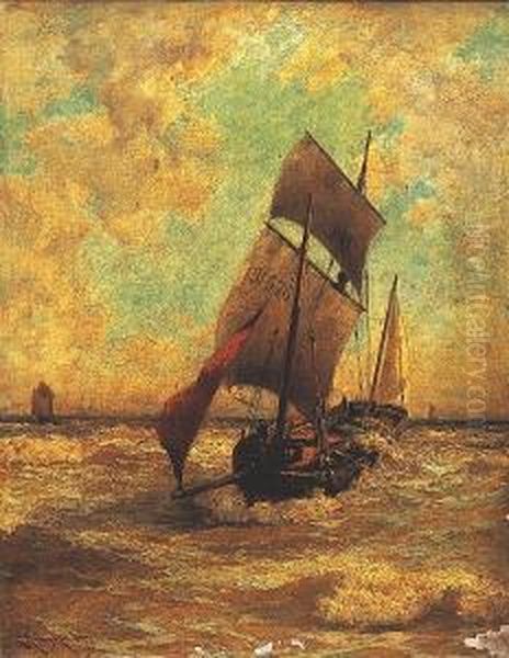 Fishing Boat Approaching The Shore In A Stiff Breeze Oil Painting by Edward Aubrey Hunt