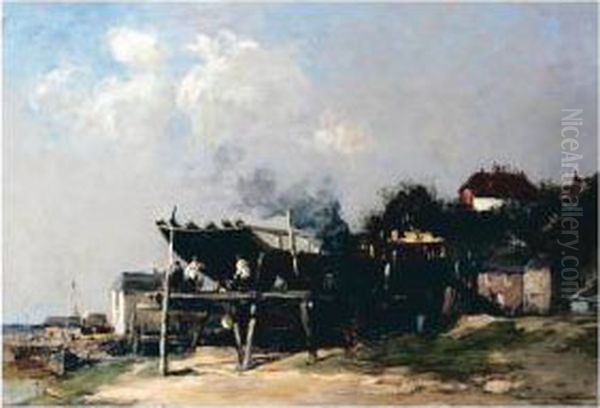 Shipbuilding Oil Painting by Edward Aubrey Hunt