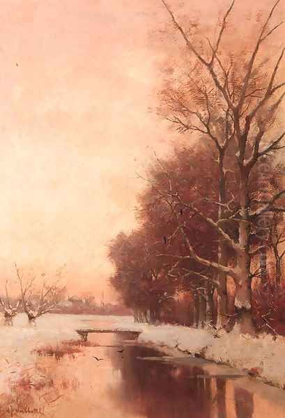 A snow-clad landscape at dusk Oil Painting by Fredericus Jacobus Van Rossum Chattel