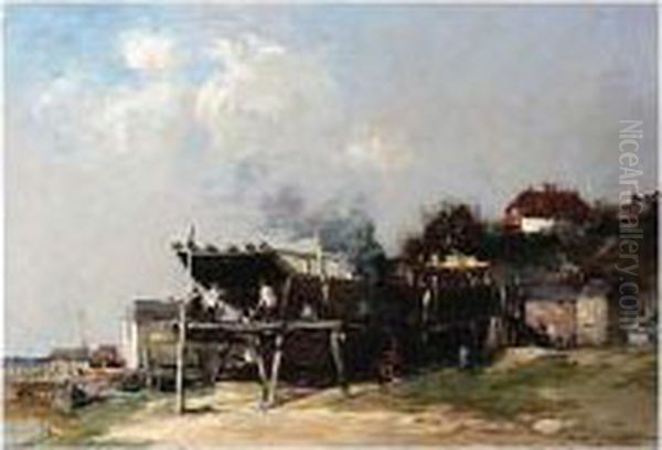 Shipbuilding, Signed, Oil On Canvas, 45 X 64 Cm.; 17 3/4 X 25 In Oil Painting by Edward Aubrey Hunt