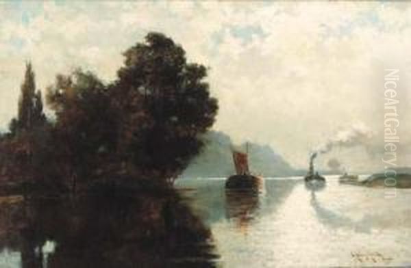 Barges On A River Oil Painting by Edward Aubrey Hunt